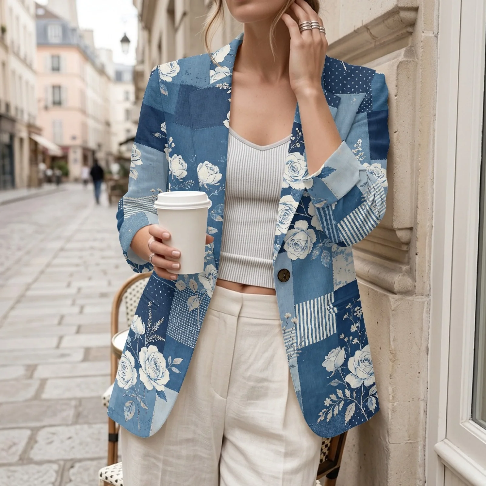 PENSTROLL Blue Rose Patchwork Linen Style Thin Coat Open Front Jacket for Women Loose Beach Coverups view 3
