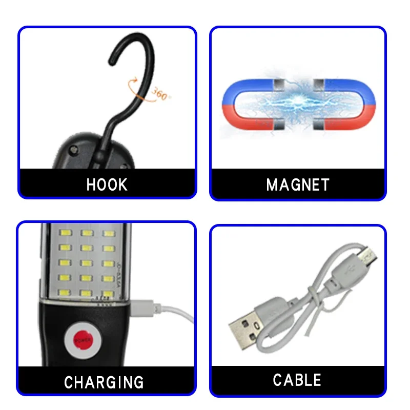 Naprawa samochodów Światło robocze Latarka akumulatorowa USB Przenośne światła awaryjne z haczykiem magnetycznym do naprawy samochodów Wędkarstwo w