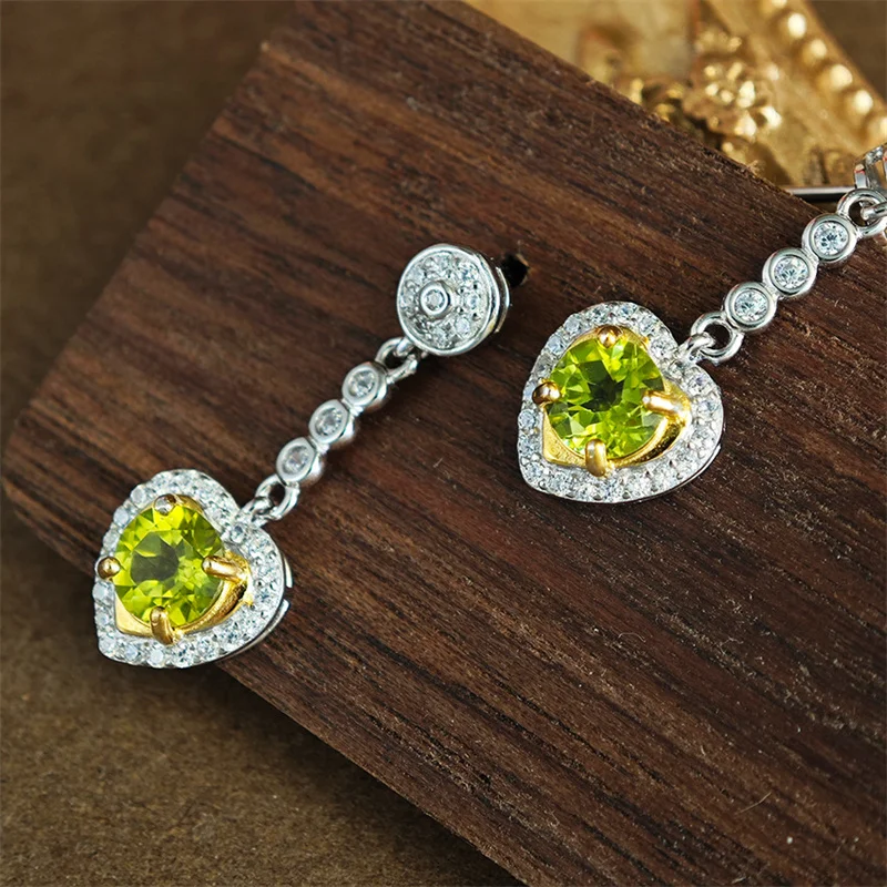 

Original 925 Sterling Silver Drop Earrings Natural Peridot Amethyst Anniversary Gift Christmas Fine Jewelry Elegant Heart Shape