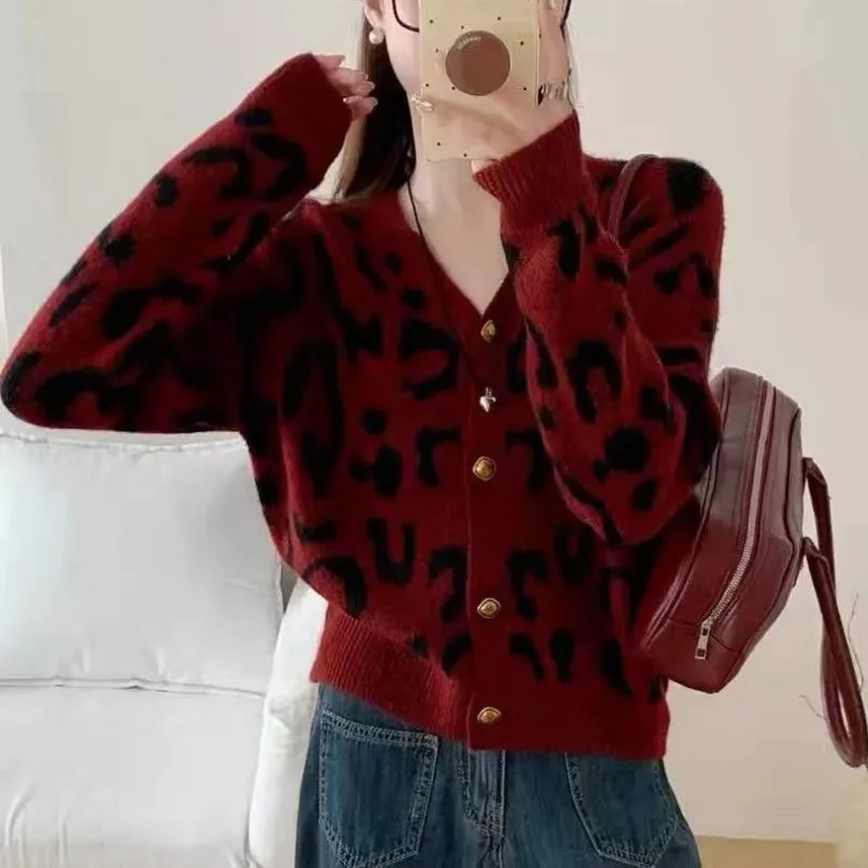 Leopard Print V-neck Knitted Cardigan Sweater Jacket Women's Spring Autumn Short Top Cardigan