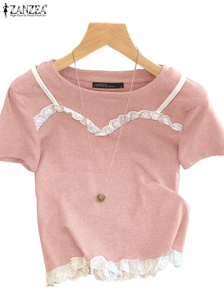 

Women Tops Lace Patchwork Blouses Casual Short Sleeve Blusas Tunic ZANZEA 2025 Summer Oversized Vintage Pullover Fake 2PCS
