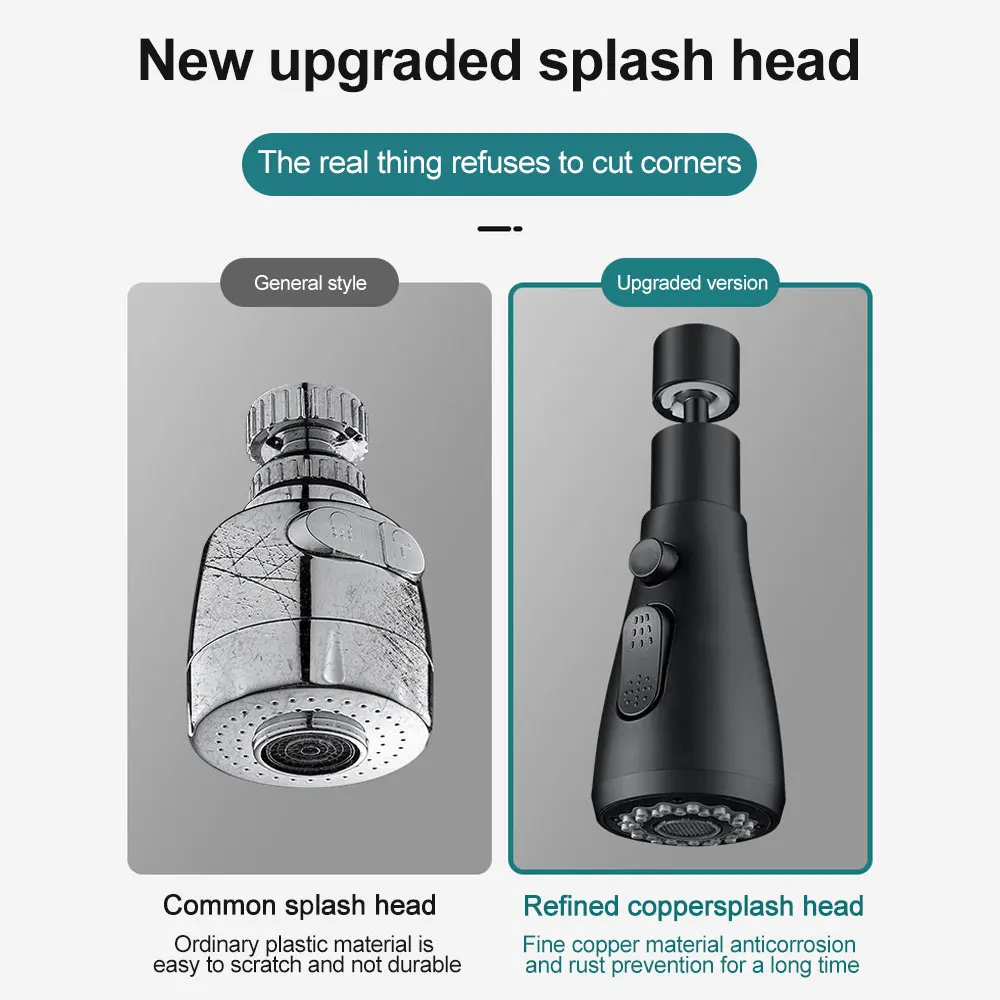 3 Mode Shower Head Kitchen Tap 360° Rotatable Kitchen Flush High-Pressure W/ Faucet Sprayer Tap Replacement Kitchen Button