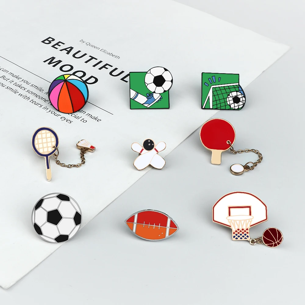 Fashion Sports Ball Lapel Pin Cartoon Football Basketball Volleyball Badminton Brooches for Women Men Kids Clothes Badge Jewelry