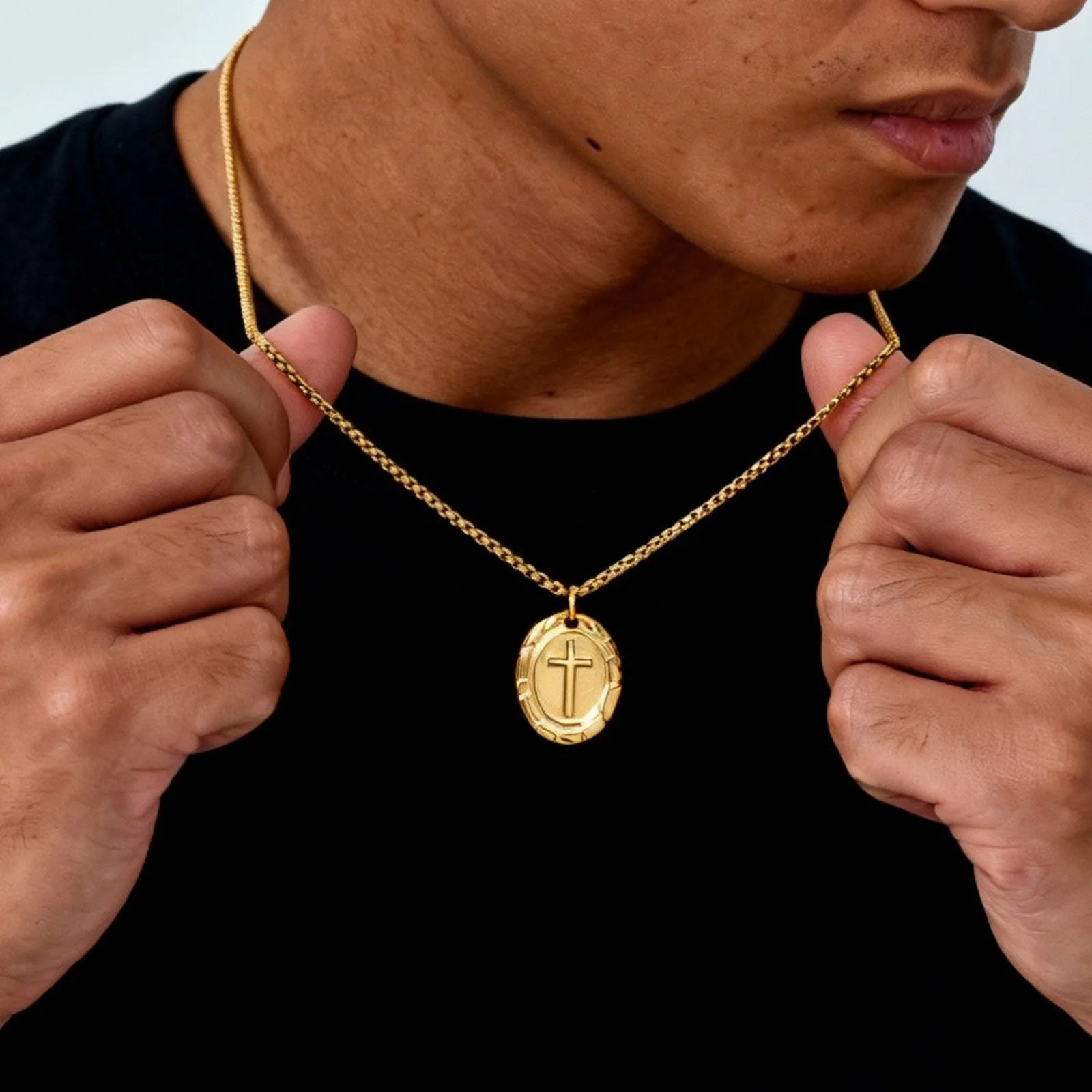 Gold Color Cross Necklaces for Men,Stainless Steel Oval Cross Pendant Necklace,New Punk Religious Faith Collar Gifts - Image 4