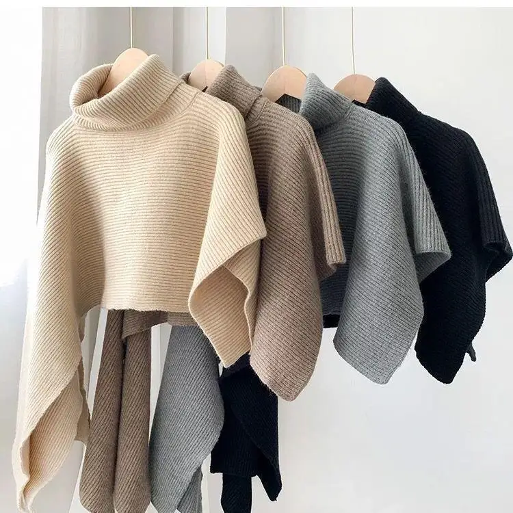 Autumn and Winter Foreign Trade Irregular Solid Color Knitted High Neck Lapel Shawl Cape Sweater Jacket