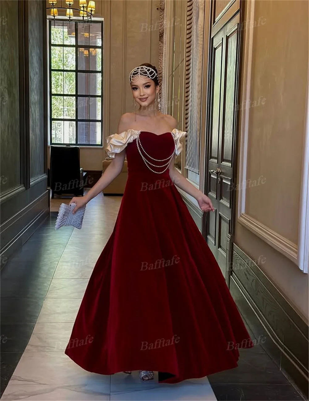 Bafftafe Burgundy Velour Long Prom Gowns Customized Champagne Short Sleeves Pearls Korea Women Formal Eveninig Party Dresses