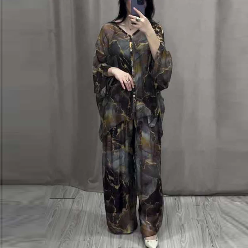 Vestidos Spring Summer Fashion Print Two Piece Set Women V-neck Long Sleeved Shirt Wide Legged Pants Casual Loose Two Piece Set