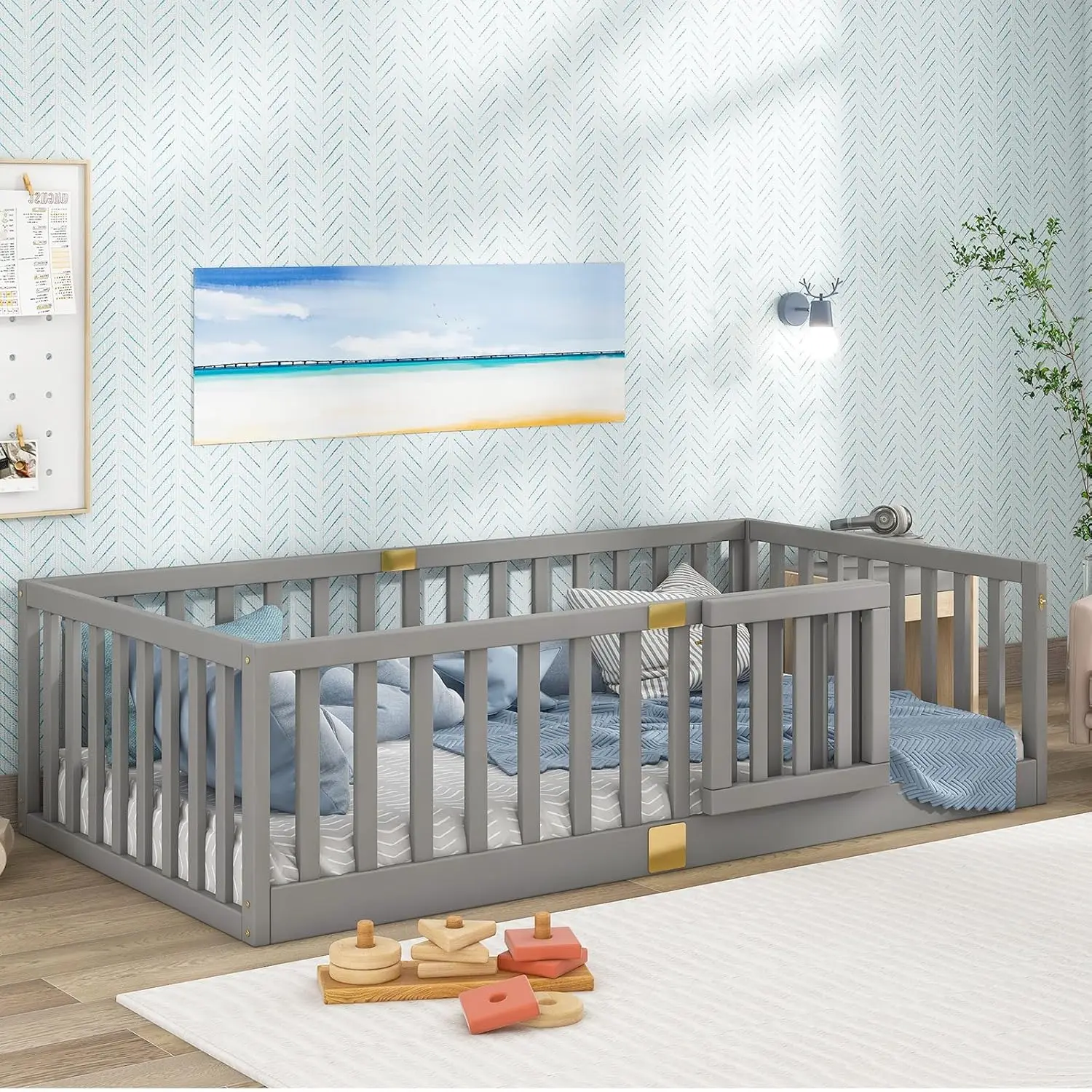 Montessori Twin Floor Bed with Safety Guardrails Door Installs Left or Right Grey Wood Frame Bidirectional Design