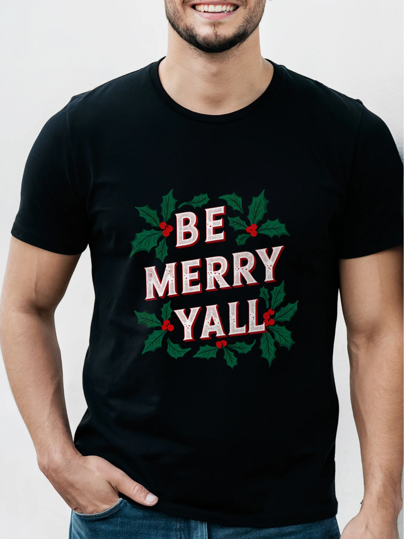 

1 шт. Мужская хлопковая футболка с круглым вырезом - Рождественский праздник, праздничный принт Cheer, короткий рукав, повседневная футболка из трикотажной ткани с размером