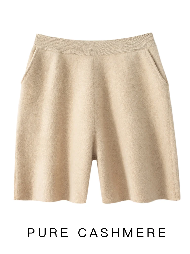 

New Arrival Thick Women's Cashmere Shorts Straight Basic Autumn Winter Office Lady Pocket Short Pants 100% Cashmere Knitted Chic