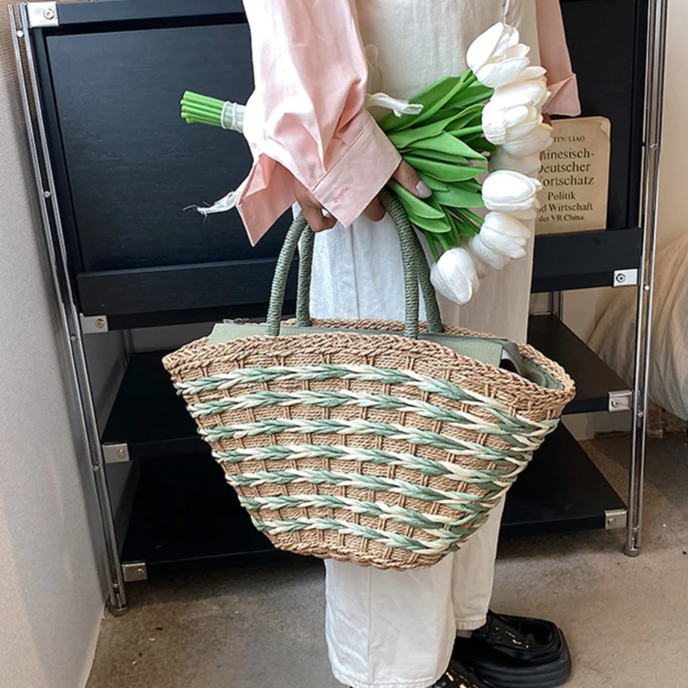 Women Straw Woven Tote Bag Fashion Woven Handbag Zipper Closure Handwoven Shoulder Bag Handmade Straw Bag Top-handle Handbag