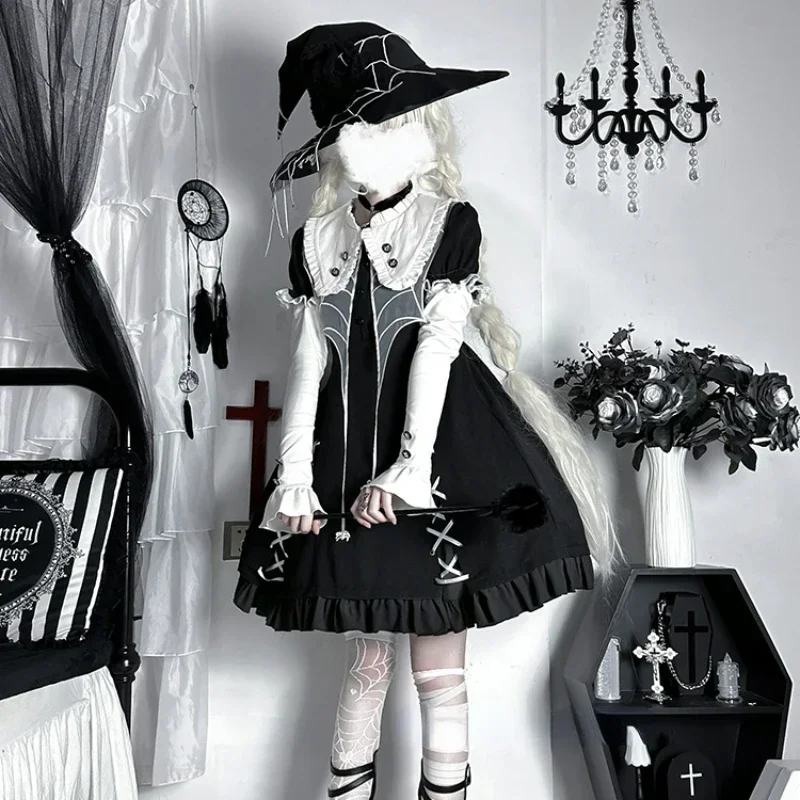 

Dark Gothic Lolita OP Dress Japan Harajuku Y2k Spider Embroidery Lace Short Sleeve Dresses 2025 Victorian Halloween Witch Dress
