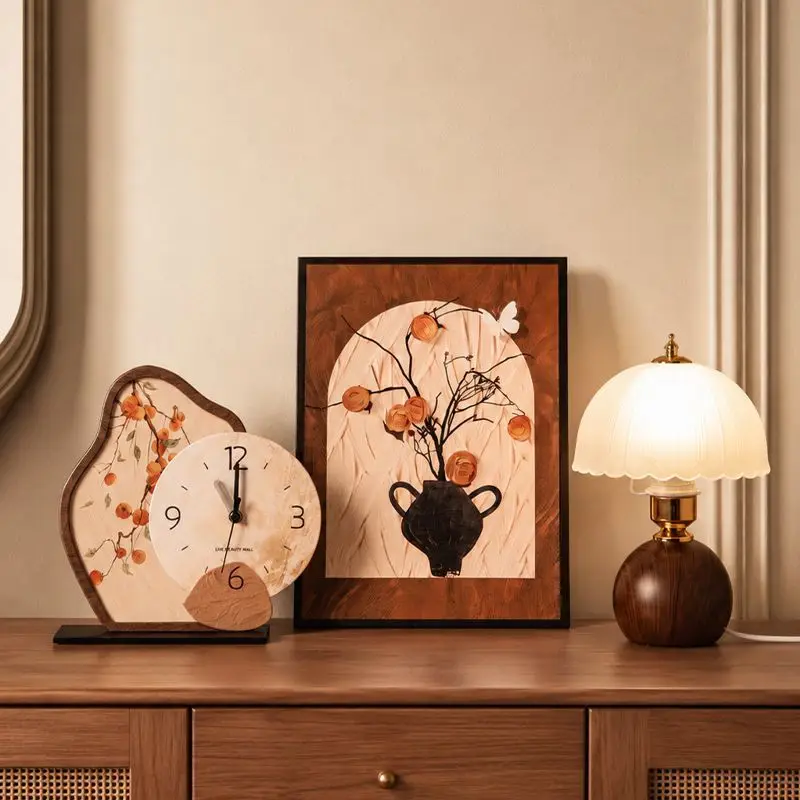 Silent Non Ticking Desk Table Clock Vintage Persimmon Pattern Wooden Aesthetic Desktop Clock For Home Living Room Bedroom Decor