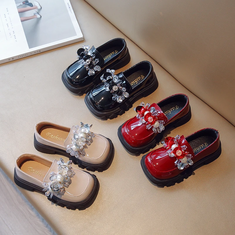 

Autumn Girl's Platform Crystal Beading Beautiful Children Leather Shoes Three Colors Infant Square Toe Kids Shoes