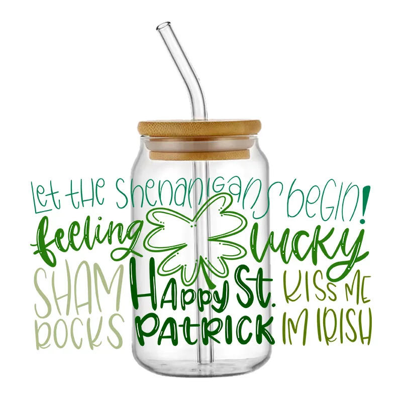 Shamrock Leopard ST patricks Day CAN Glass สำหรับห่อถ้วยขนาด16ออนซ์สติกเกอร์ลอกลายป้ายสั่งทำกันน้ำกาวในตัวโลโก้ DIY