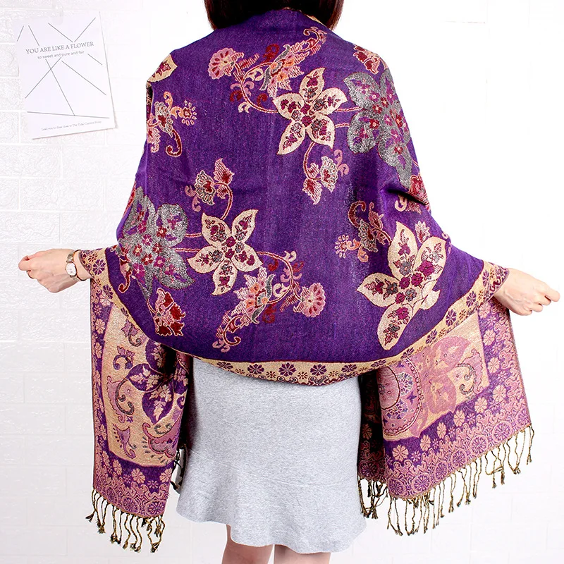 Paisley Pashmina Shawl Scarf Women Jacquard Cashew Printed Scarves Flowers Borders Female Tassel Blanket Wraps Ethnic Shawls