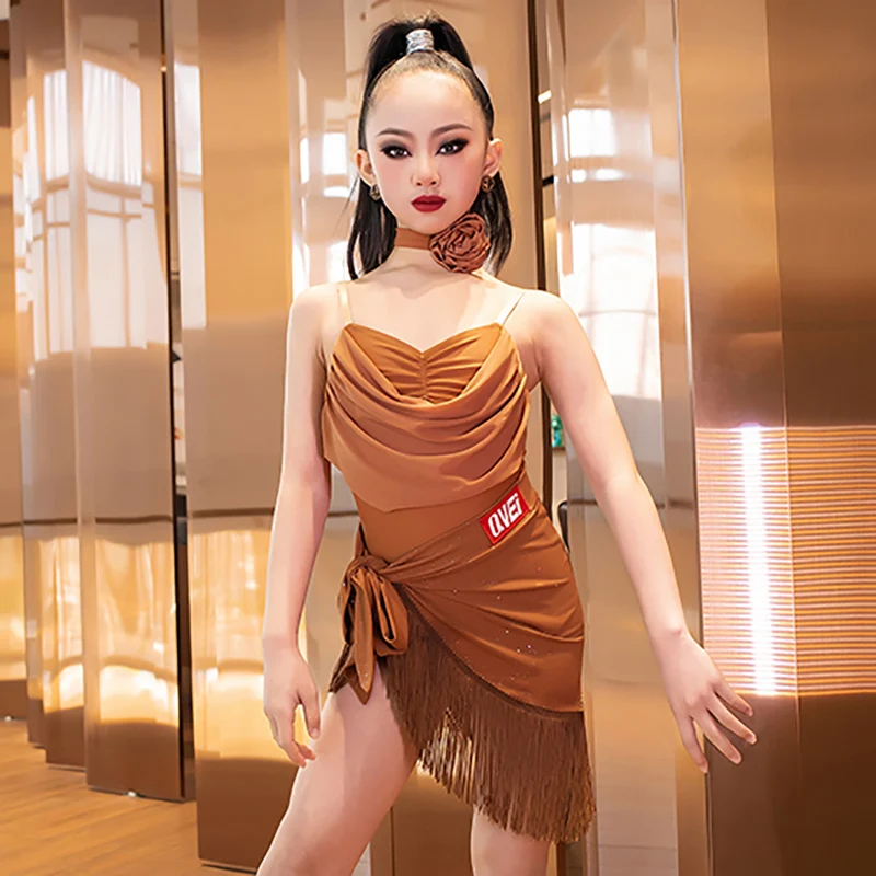 Vêtements de danse latine pour enfants filles, body et jupes à pompons, Costume de compétition de Performance professionnelle Standard National