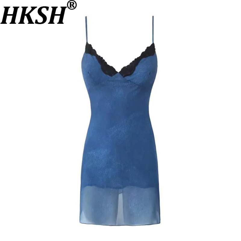 

HKSH Новое летнее женское короткое платье на бретельках с кружевным лоскутным вырезом и v-образным вырезом на талии, облегающее драпированное французское сексуальное трендовое платье HK14628