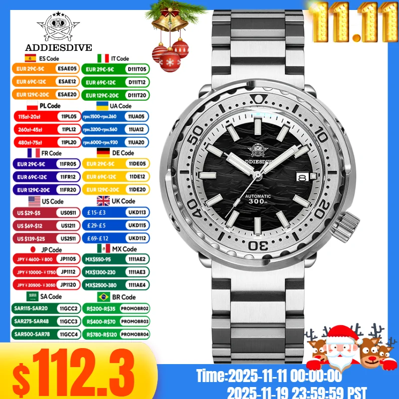 ADDIESDIVE Men's Diving Tuna Watch 30Bar Waterproof Synthetic Sapphire BGW9 Luminous 316L Stainless Steel Automatic Watch AD2098
