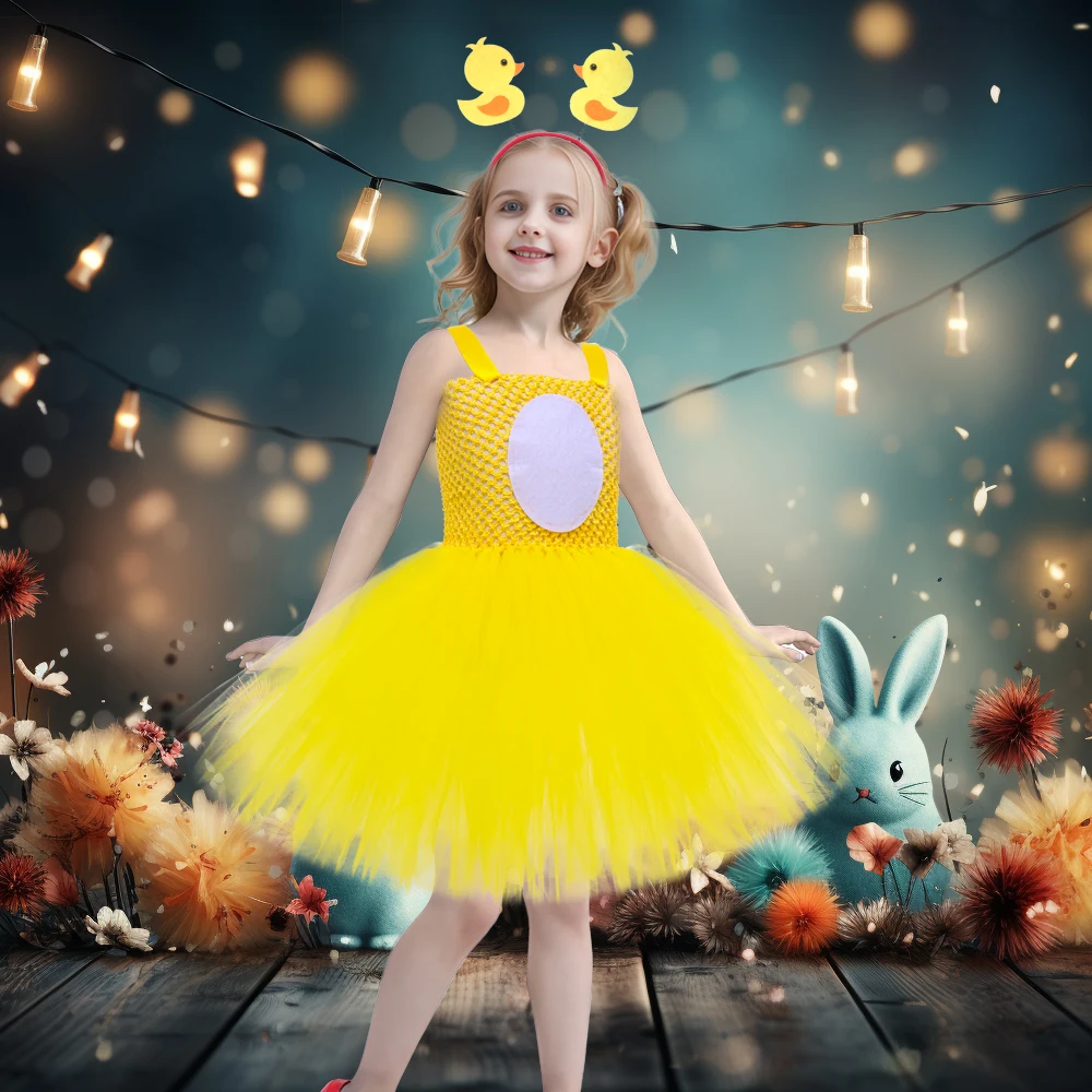 Yellow Duck Baby Girls Dress Up Costume Cute Animal Kids Easter Party Dresses Girl Princess Tulle Dress Summer Spring Clothes