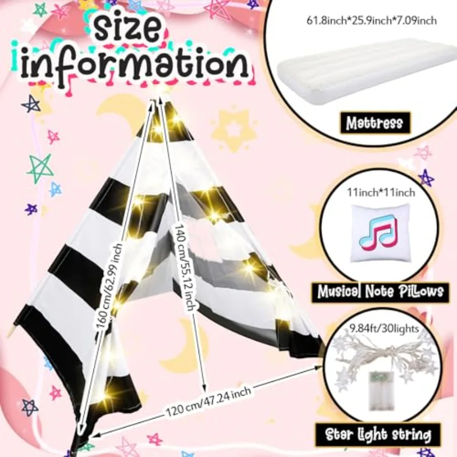 4er-Pack Tipi-Zelte für Kinder, Pyjama-Party mit Luftmatratze, Licht, Kissen, Musik-Thema, Schlaf-Zelte für Mädchen-Party, natürliches C