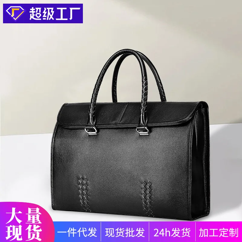Fashion Genuine Leather Large Capacity Business Briefcase 15inch Cowhide Laptop Luxury Men Bag Handmade Woven Men's Handbag