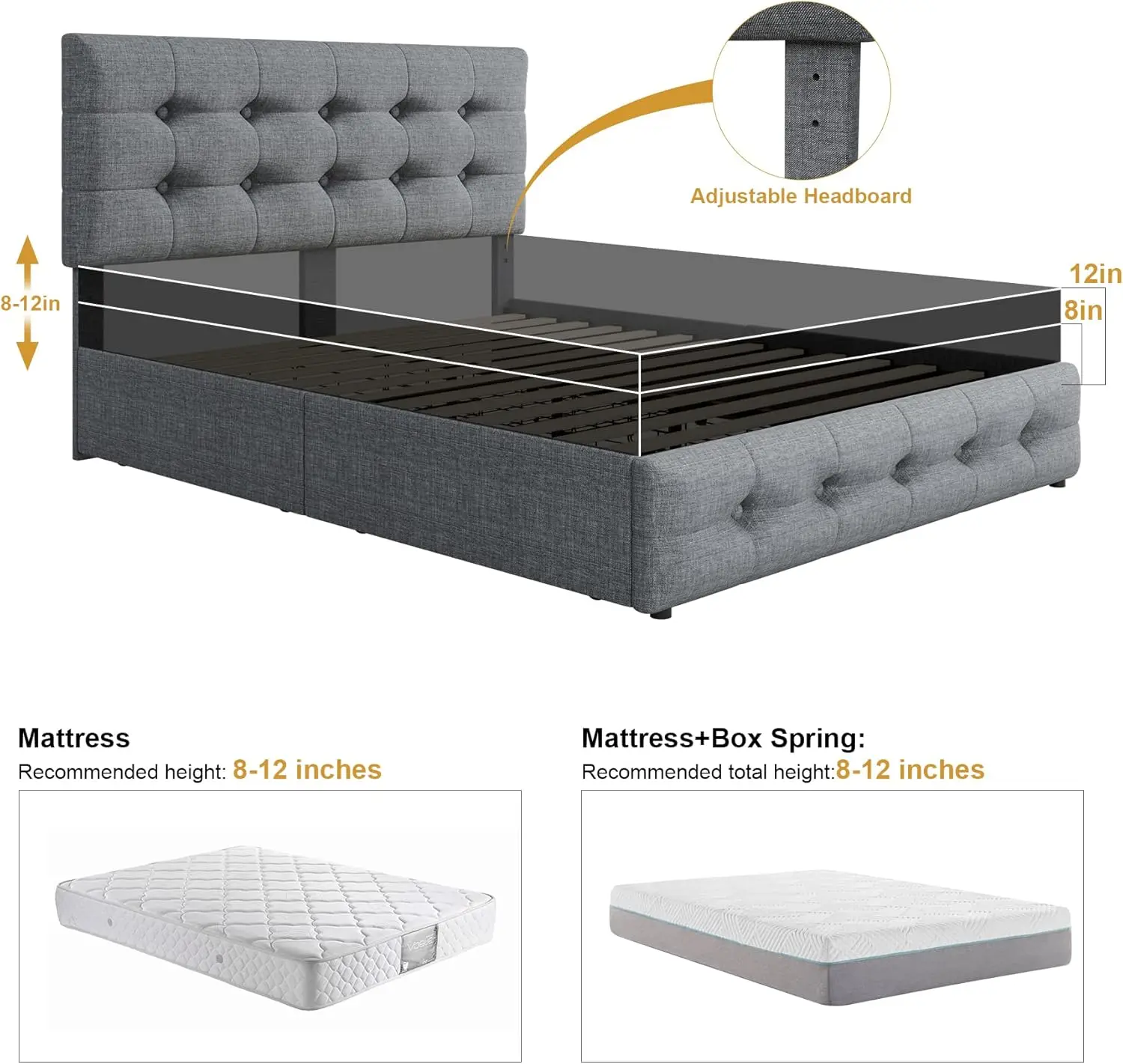 Queen Bed Frame com gavetas de armazenamento, cabeceira ajustável, plataforma estofada, design adornado, cinza, 4 botões