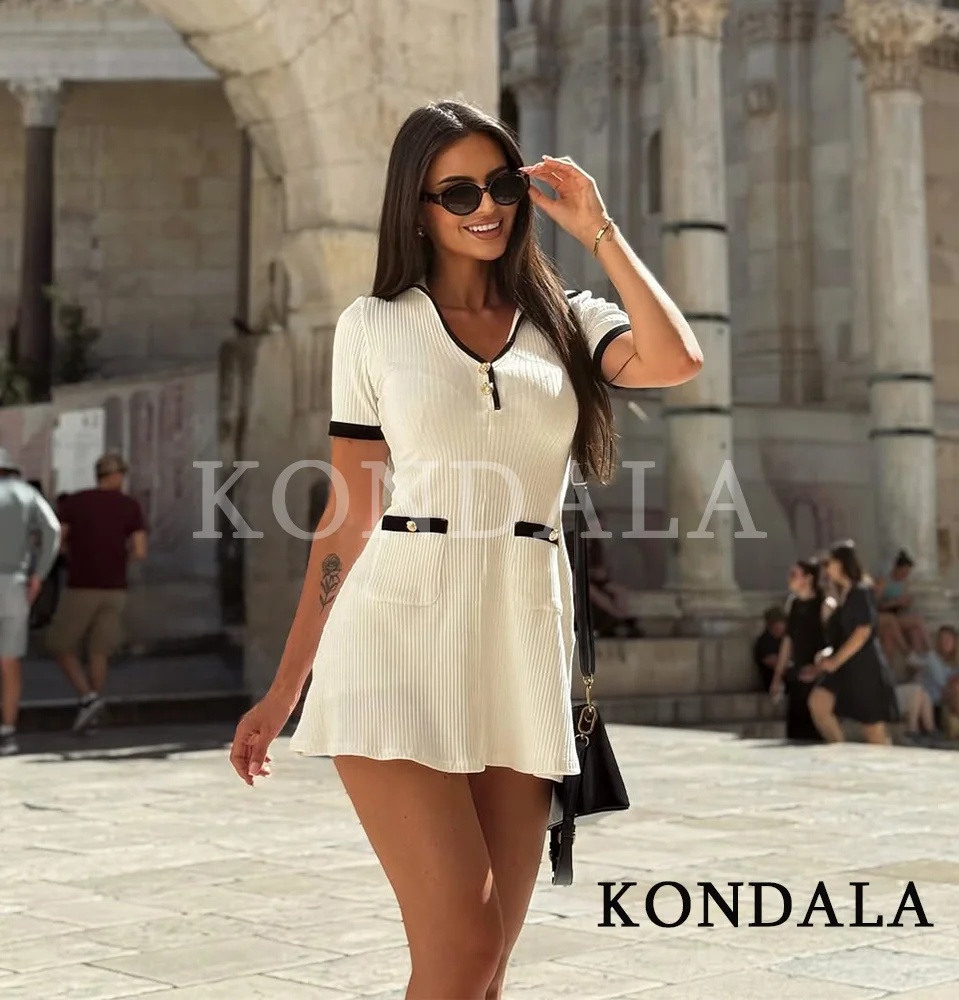 KONDALA Trendy Elegantes Gestrickte Kurzes Kleid Frauen Casual Urlaub V-ausschnitt Mini Kleid 2026 Frühling Sommer Mode Weibliche Chic Kleid