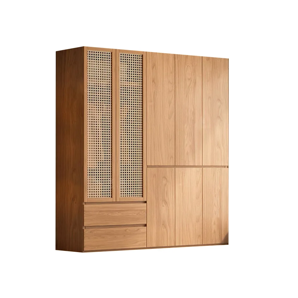 Rattan solid wood wardrobe household pure log color Nordic hanging storage full floor small cabinet oak bedroom wardrobe