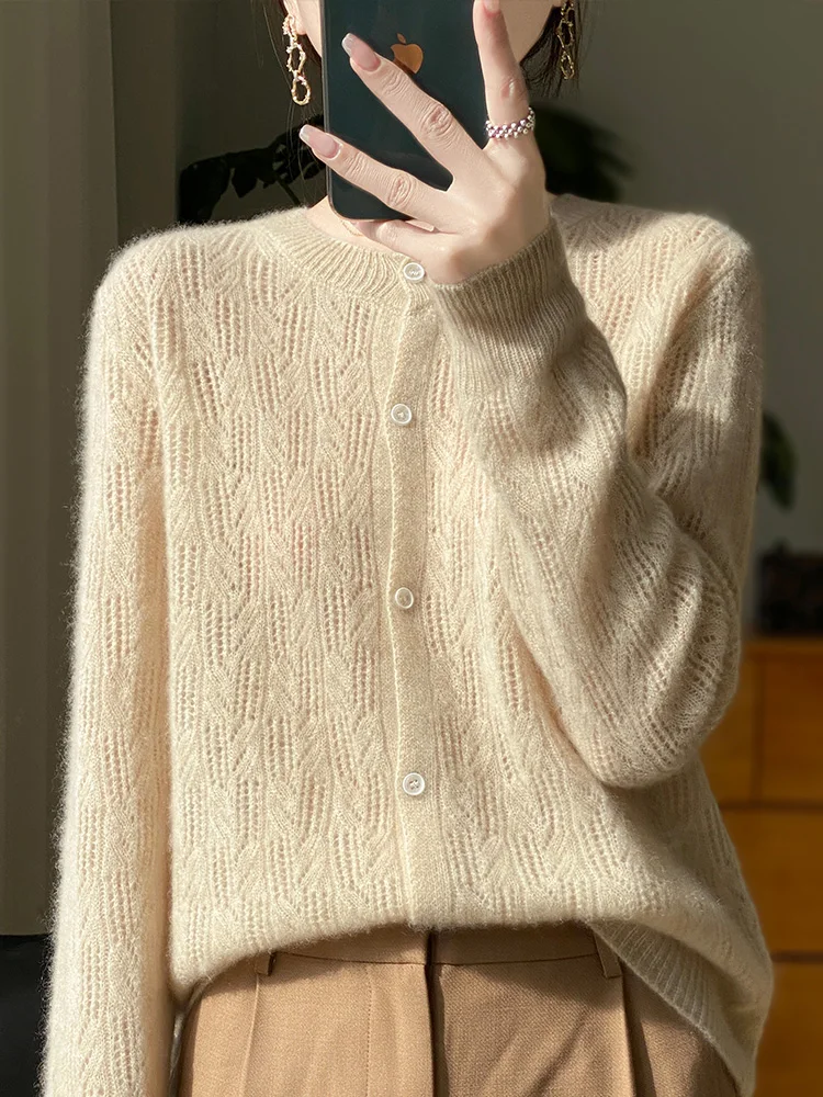 Spring new women\'s cardigan 100% merino wool sweater O-neck hollow elegant cashmere knitted jacket Korean fashion blouse