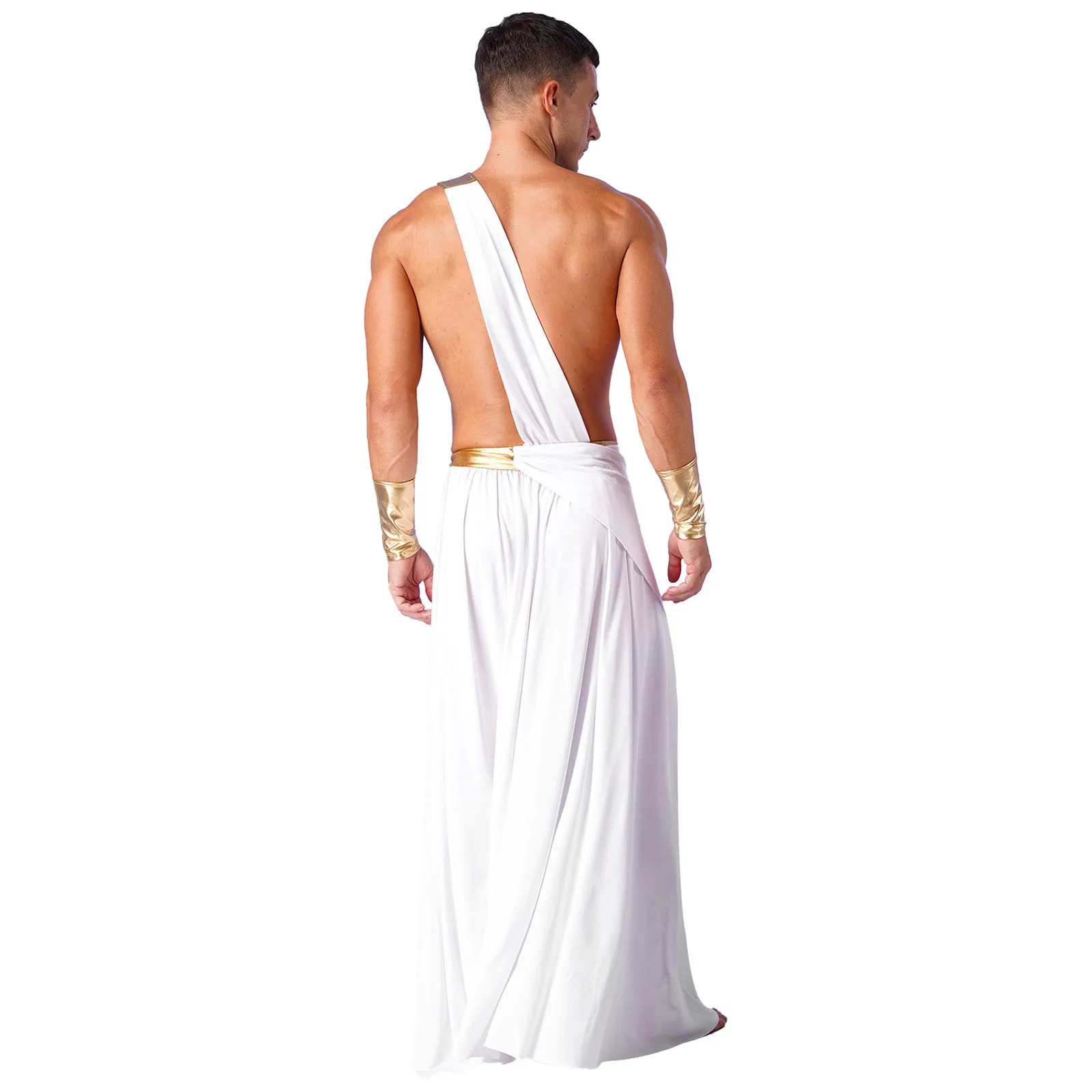 Mens Halloween Costumes One Shoulder Strap Roman Toga Ancient Greek Cosplay Long Skirt with Wristbands Greek Warrior Costumes