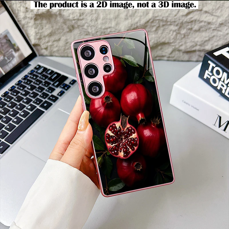 Red Pomegranate & Green Leaves Phone Case,2D Print Glass Cover For Samsung S/A Series,Shockproof Shell