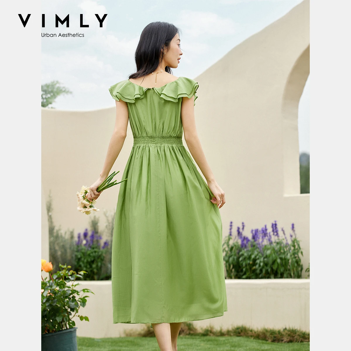 VIMLY Jurken 2025, Dames Zomer Midi Elegante Groene Damesjurk Franse U-hals Mouwloos Volants Rand Vrouw Kleding A1712