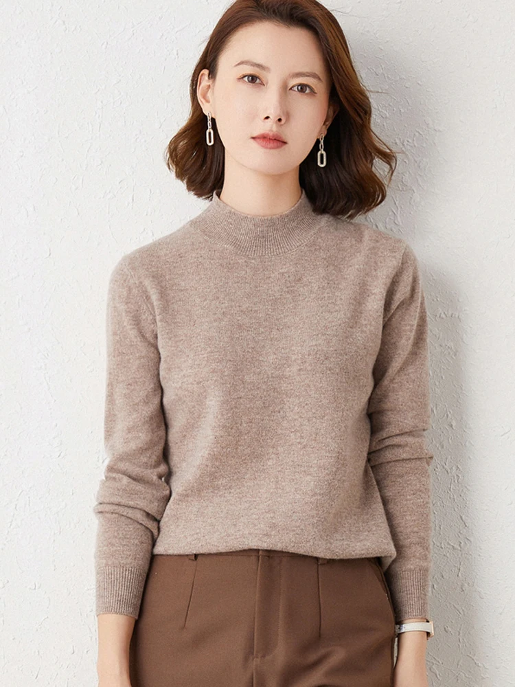 Women Solid Half High Collar Cashmere Sweater Autumn Winter Loose Plus-Size Knitted Wool Casual Sweater Bottoming Shirt