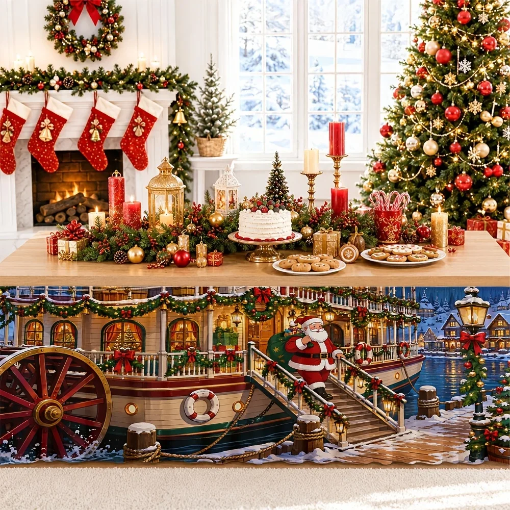 Elegant nostalgic holiday home dining celebration - wreath decorations, fireplace, warm and joyful seasonal gathering