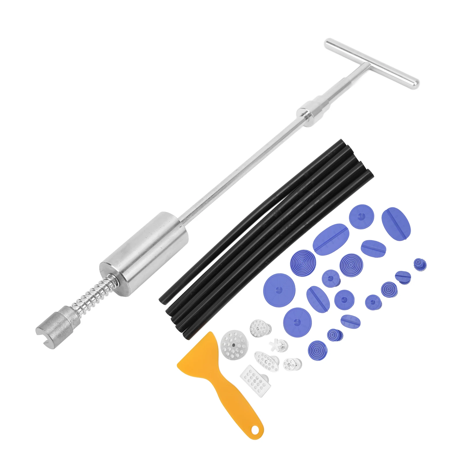 

33pcs Paintless Dent Removal Puller Kit with T Bar/Pulling Tabs/Scraper Universal Auto Body Damage Repair Material: Metal + ABS