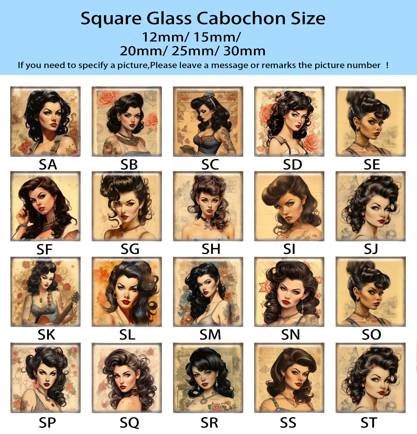 Random Mixed Round/Oval/Square Vintage Tattooed Lady Girl Flower Photo Glass Cabochon Flatback Demo Cameo For Diy Jewelry Making view 6