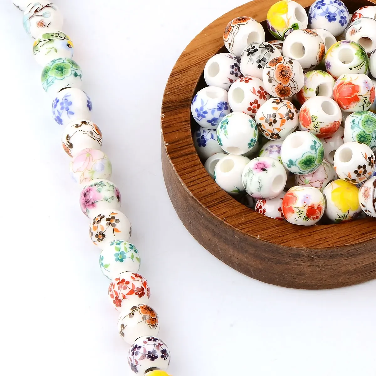 0.6cm/0.8cm/1cm 20pcs Random Color Mix Hot Sale Big Hole Handmade Flower Patterns Decal Round Ceramic Beads DIY