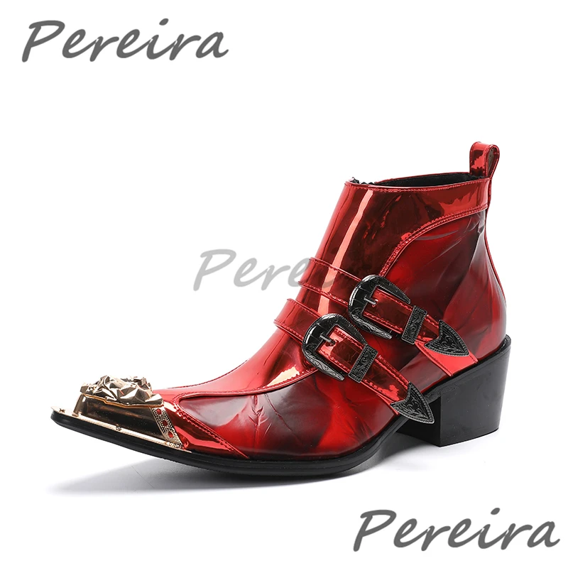 Trendy Red Patent Leather Chelsea Boots Double Belt Buckle Men's Ankle Booties Pointy Toe Side Zipper High Heel Party Prom Shoes