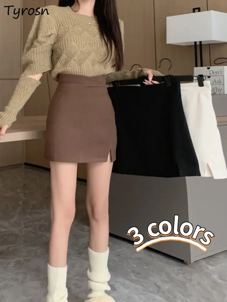 

Skirts Women Pure Slim Sexy Elegant Mini Faldas Autumn Korean Style Ladies Side-slit Design Simple Stylish Empire Casual Classic