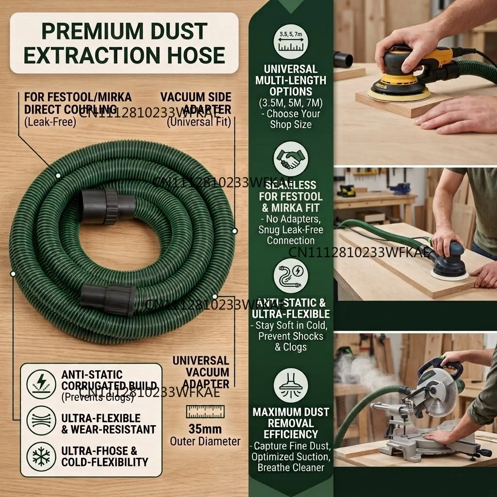 Anti-Static 35mm OD Flexible Corrugated Dust Hose for Woodworking Fits Table/Circular Saws & Sanders