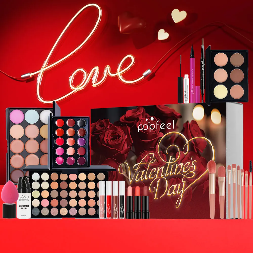 POPFEEL 24-delige Valentijnsdag make-upset - Complete make-upkit met oogschaduw, concealer, primer, lippenstift, wenkbrauwpotlood.