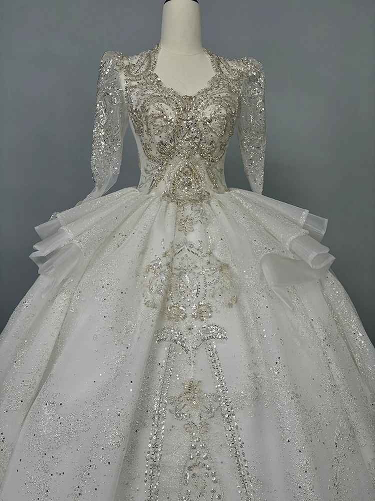 Maria Vintage Hochzeitskleid mit langen Ärmeln, handgefertigt, mit Perlen verziert, Spitze, Stickerei, Prinzessin, Ballkleid, Vestido De Noiva, individuell gestaltet