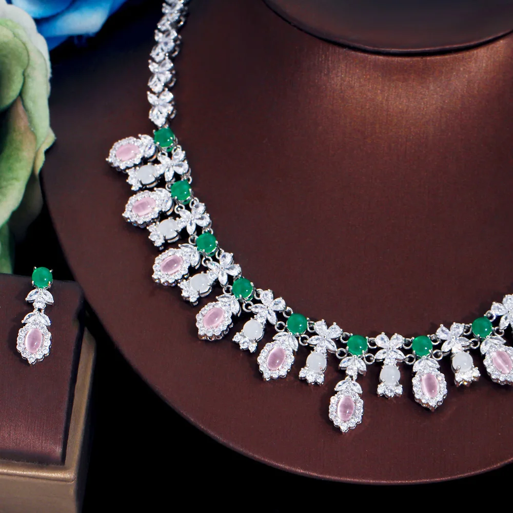 

ThreeGraces Elegant Pink Green Zirconia Leaf Shape Tassel Necklace and Earrings Bridal Wedding Party Jewelry Set for Women TZ783