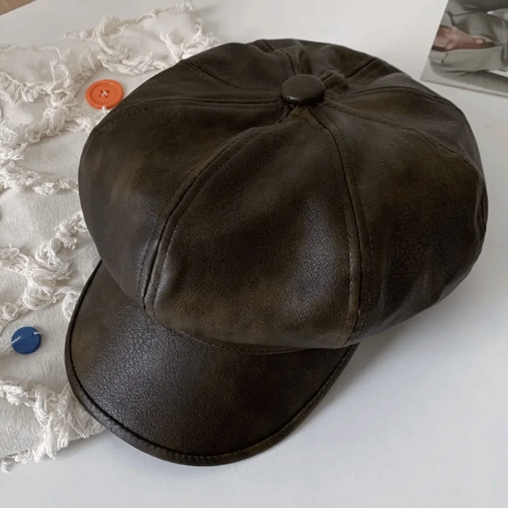

Fashion British Style Pu Leather Beret Autumn Winter Casual Painter Hat Black Brown Octagonal Cap Women's Beret Women