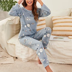 Star & Moon Print Pajamas for Women Long Sleeve Crew Neck Top & Elastic Waistband Pants Pajama Ladies Sleepwear Loungewear Suit