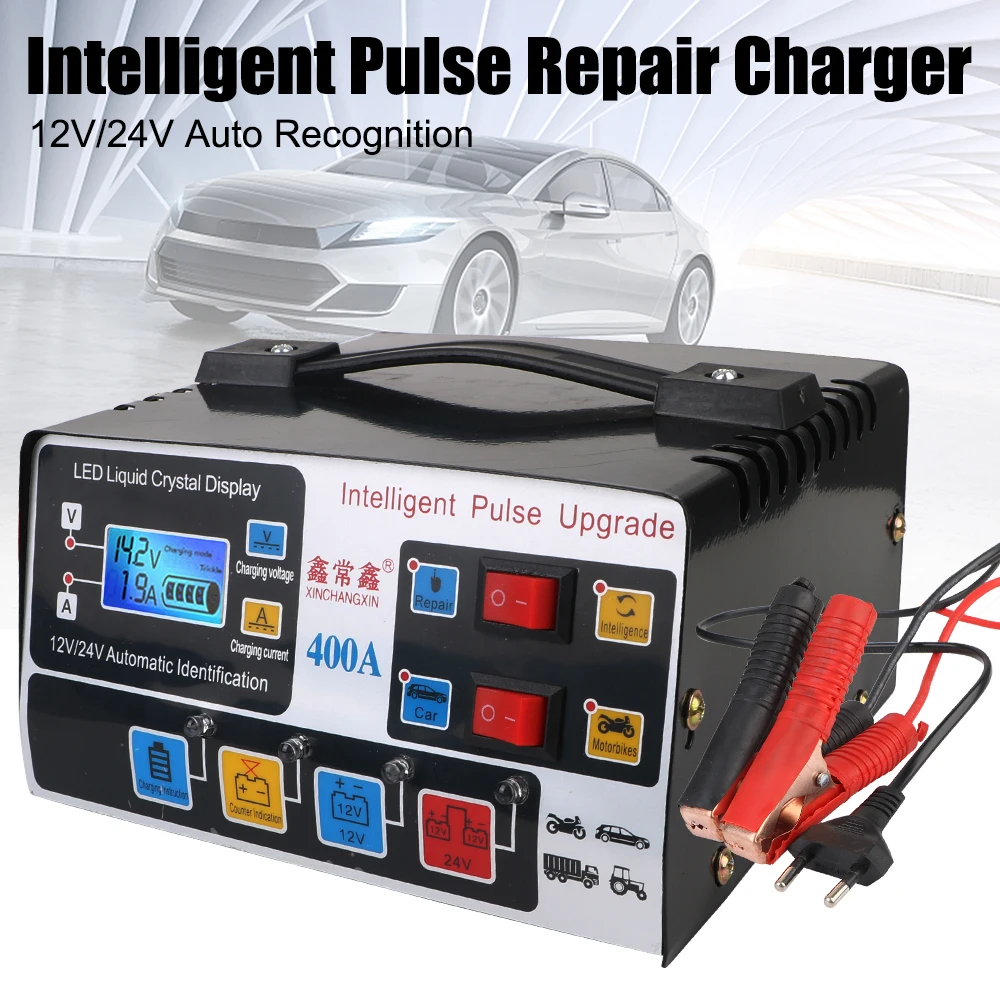 High Frequency Pulse Repair Car Battery Charger EU Plug 12V/24V 220W Fully Automatic LCD Display High Power