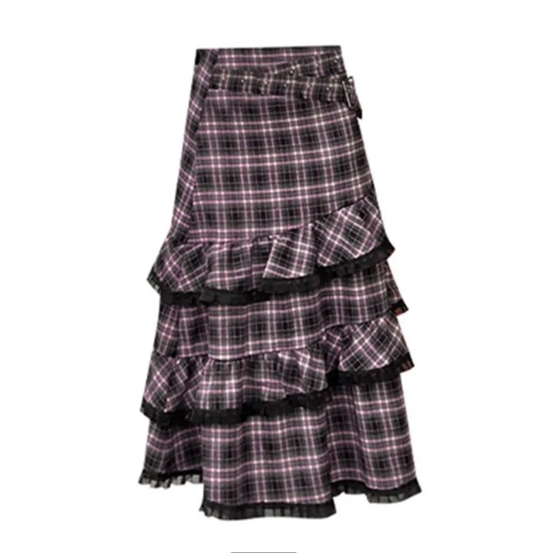 

Розовая черная клетчатая юбка в стиле Харадзюку для женщин, готическая, с рюшами, пэчворк, фееричная миди-юбка, корейская уличная одежда, А-силуэт, Y2K, длинная юбка