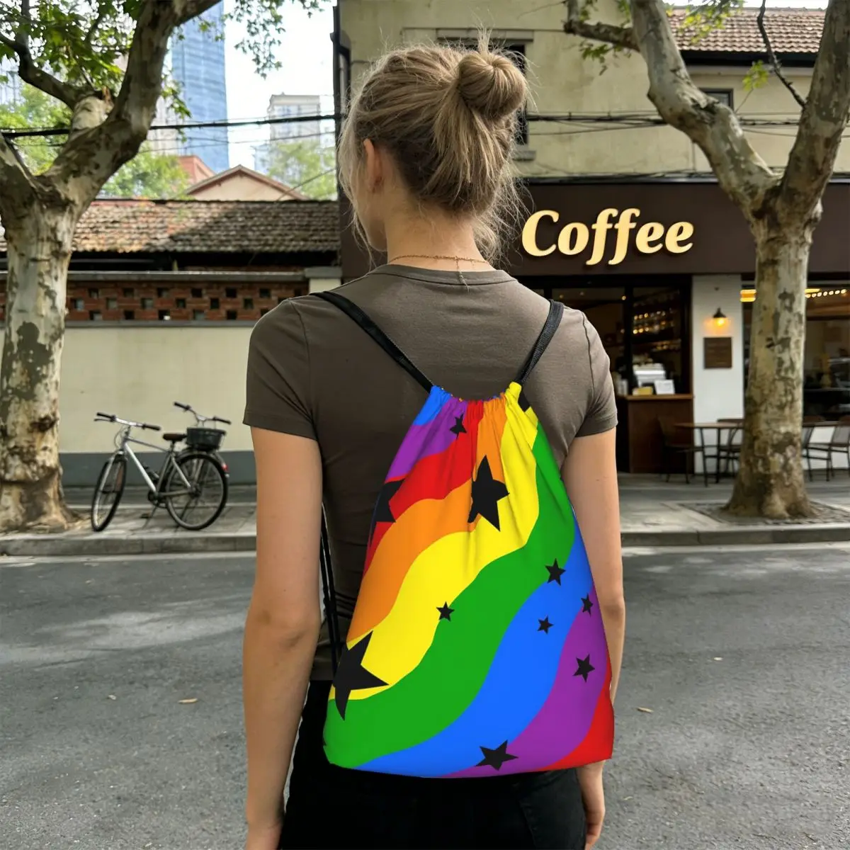 Rainbow Stripe Background And Stars Backpacks Fashion Drawstring Bags Sundries Bag Book Bags for Travel Students