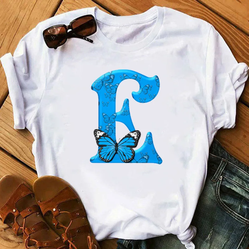 26 English Letters Butterfly Print T-shirt Short Sleeve Women Oversized T Shirt  Tops  Graphic T Shirts  Harajuku  Harajuku